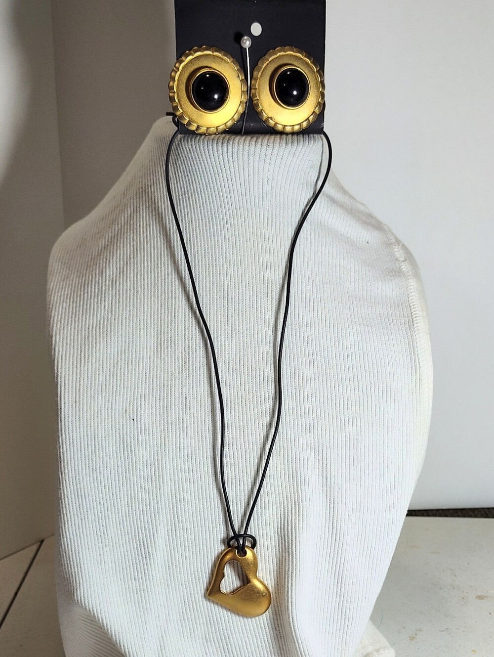 Gold Heart Pendant Necklace with Black Cord Earring Set - Women Jewelry